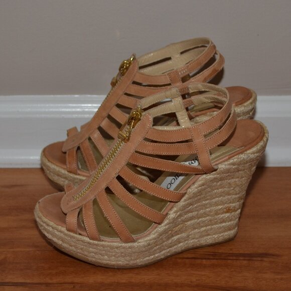 Jimmy Choo London tan Palermo Made in Italy espadrille wedges, sz 37 - Picture 4 of 10